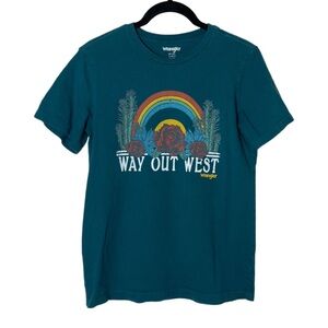 Wrangler graphic tee women's size small "Way Out West" casual T-shirt teal blue